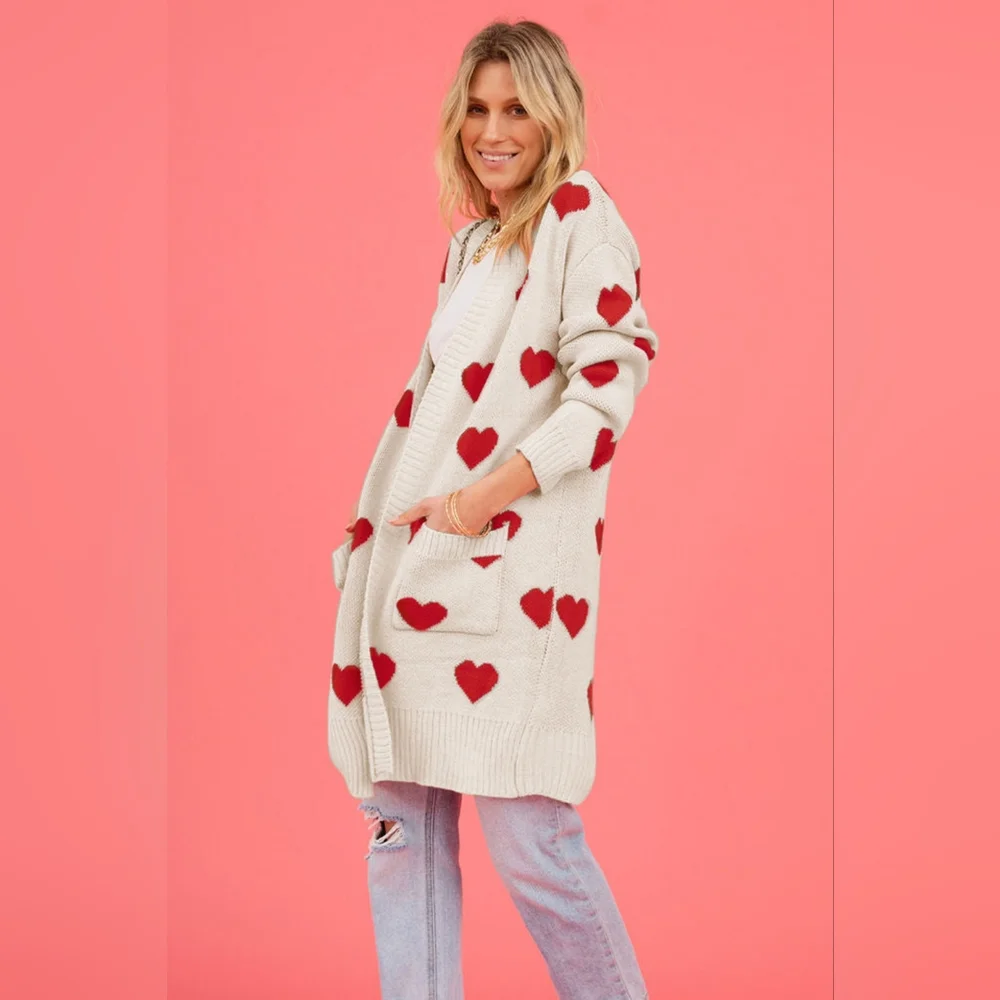 Contrasting Heart Knit Open Front Longline Pocket Sweater Cardigan Valentine - Picture 1 of 9
